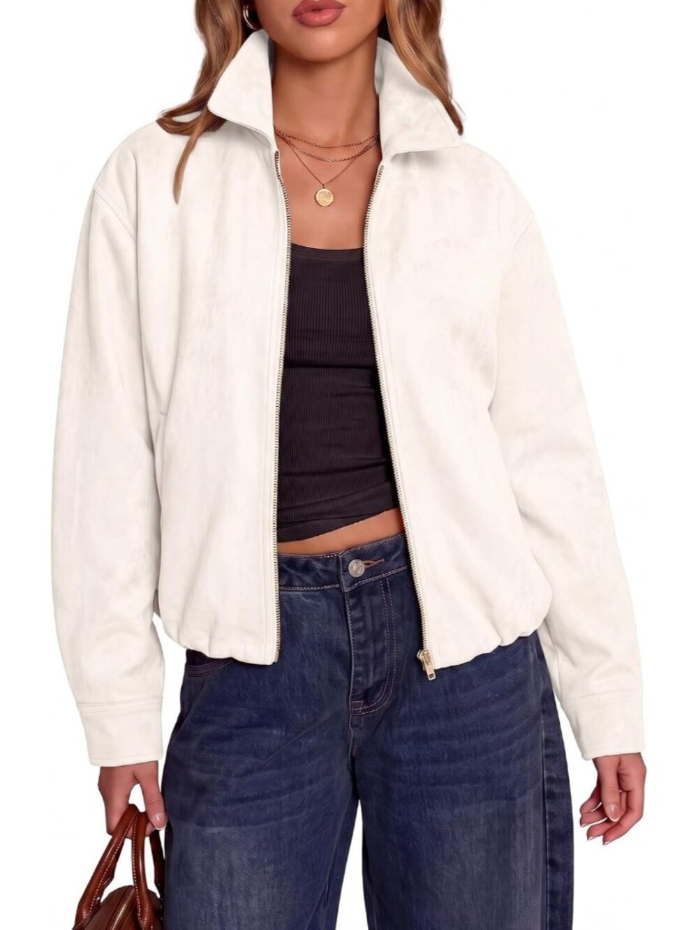 Women White Faux Suede Oversized Zip Up Slash Pocket Drop Shoulder Bomber Jacket